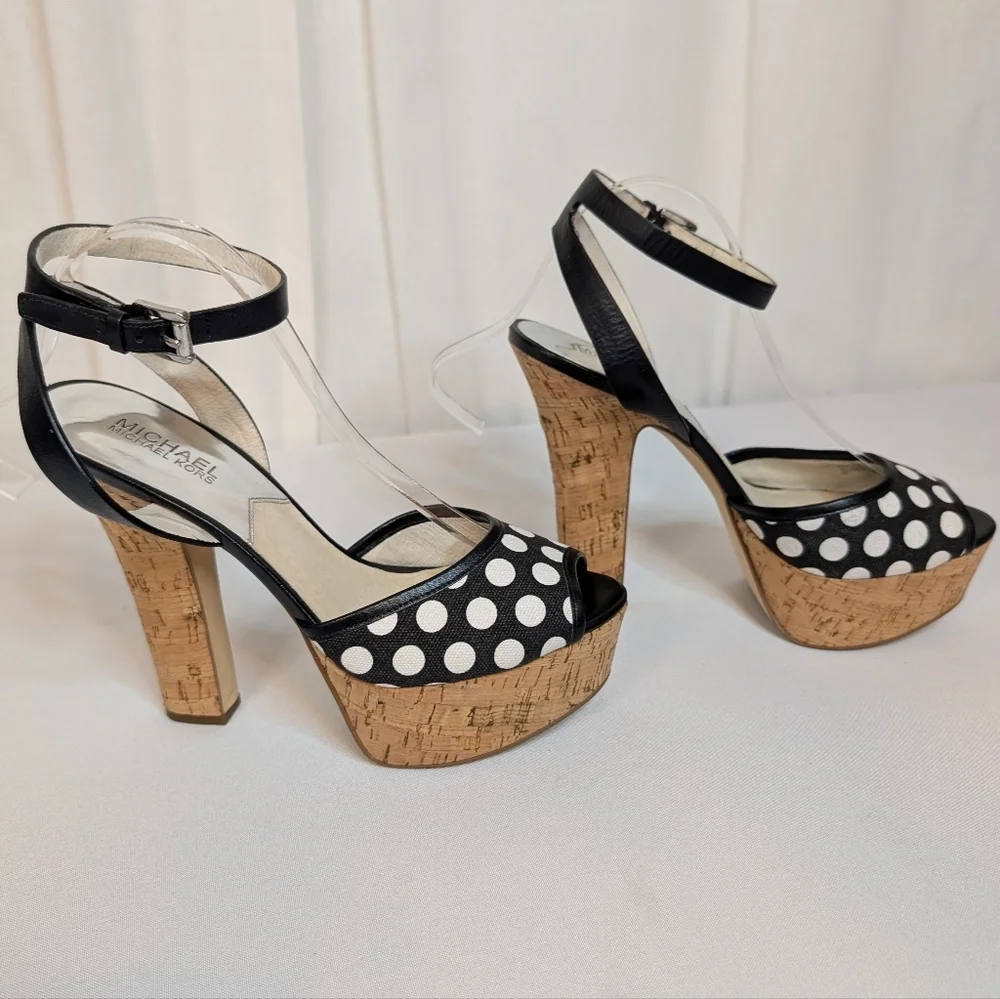 Michael Kors Adria Polka Dots Ankle Strap Cork Platform Sandals Heels Women's 8M - Picture 2 of 9